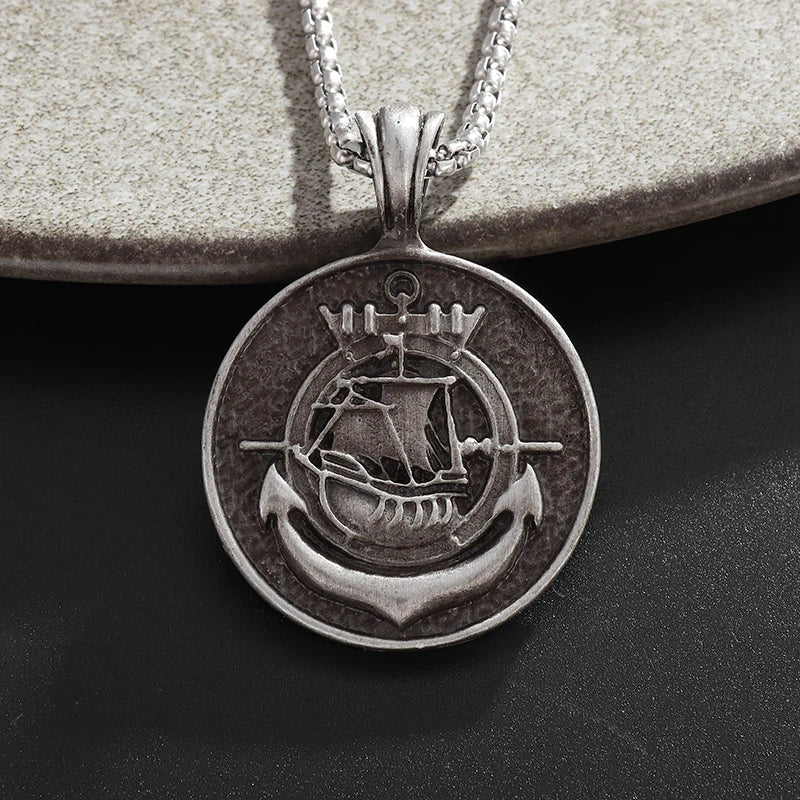 Retro Punk Style Nautical Anchor Medal Necklace Pirate Ship Pendant for Men